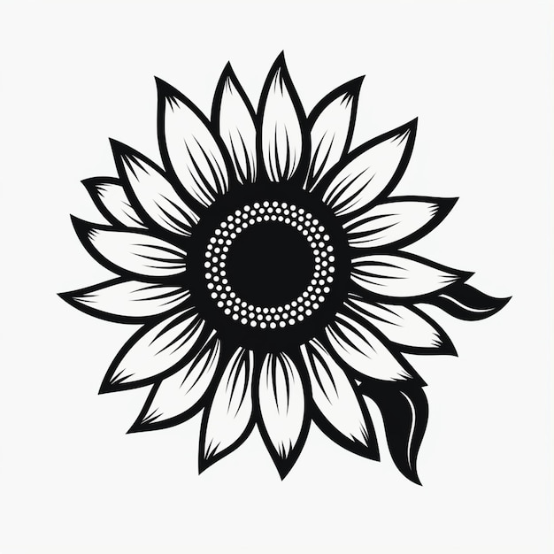 Foto un disegno in bianco e nero di un girasole con foglie generative ai