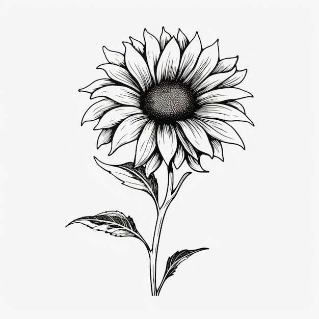 A black and white drawing of a sunflower with leaves generative ai