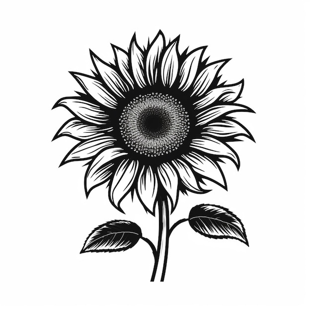 a black and white drawing of a sunflower with leaves generative ai