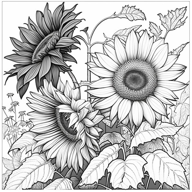 A black and white drawing of sunflowers with leaves generative ai