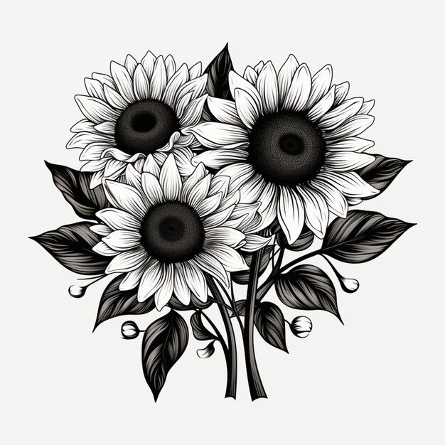 a black and white drawing of sunflowers with leaves generative ai