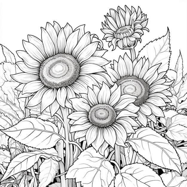 Photo a black and white drawing of sunflowers with leaves generative ai