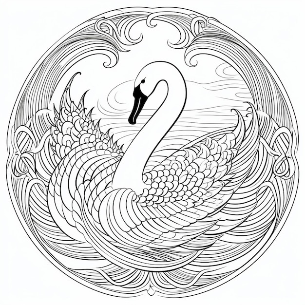 a black and white drawing of a swan in a circular frame generative ai