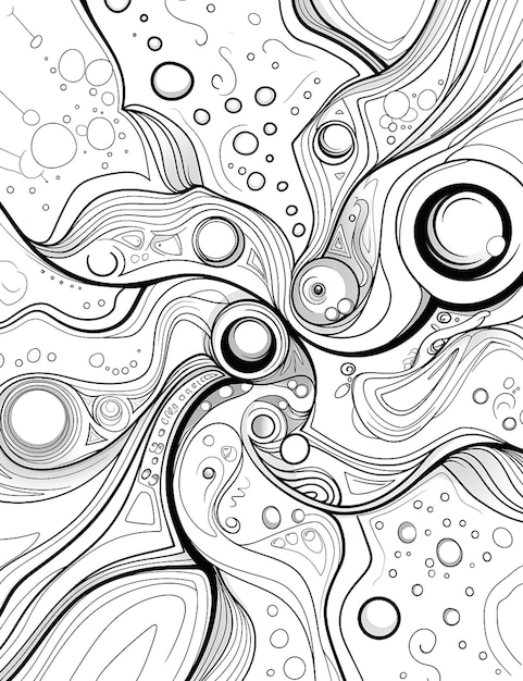 Photo a black and white drawing of a swirly design with circles