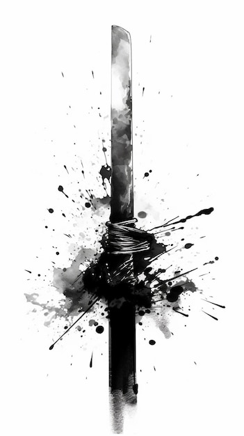 A black and white drawing of a sword with a rope and the words " the word " on it. "