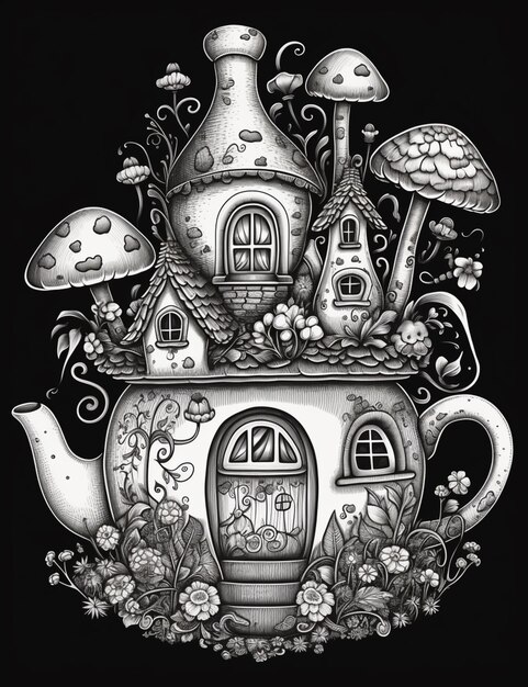 Photo a black and white drawing of a teapot with a house inside generative ai