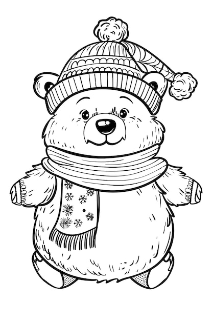Foto un disegno in bianco e nero di un orsacchiotto che indossa un cappello e una sciarpa