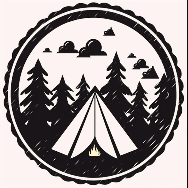 a black and white drawing of a tent in the woods generative ai