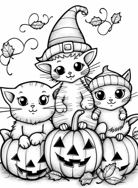 Photo a black and white drawing of three cats sitting on pumpkins generativ ai