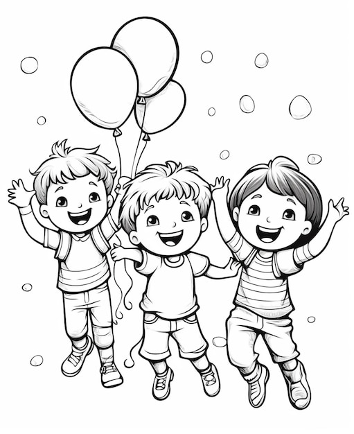 A black and white drawing of three children with balloons generative ai