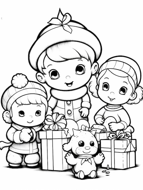 a black and white drawing of three children with presents generative ai