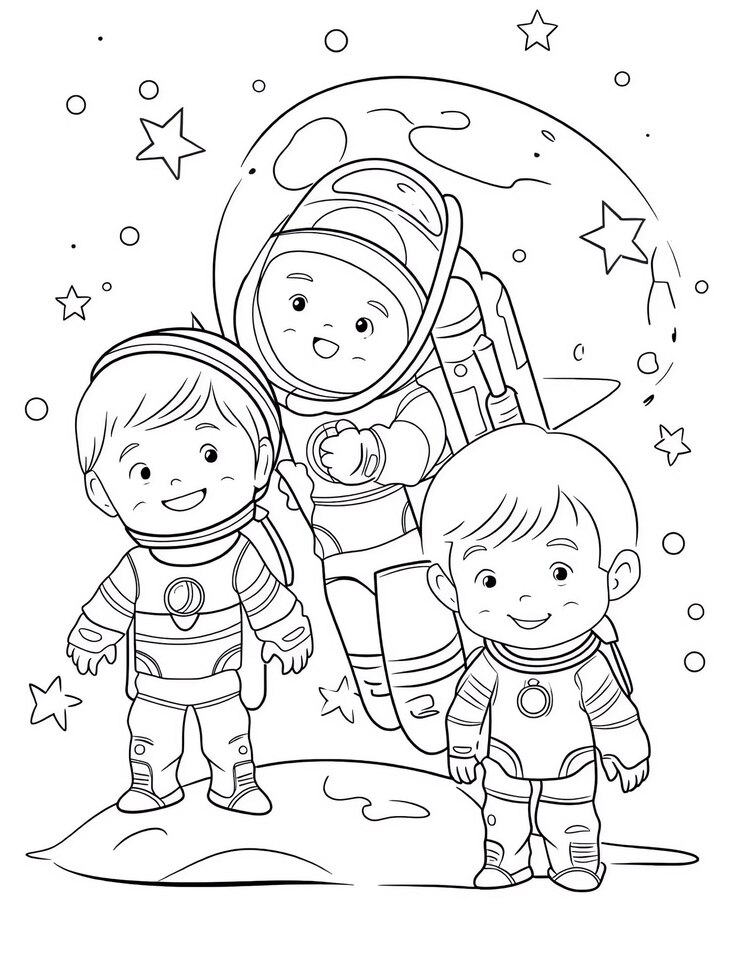 Photo ロケットと星を頂上に掲げた3人の子供の黒と白の絵