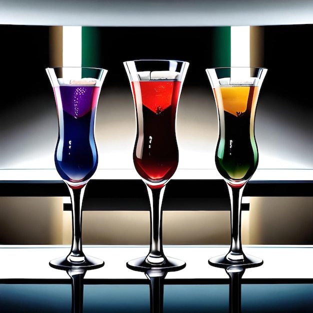 A black and white drawing of three different colored cocktails.