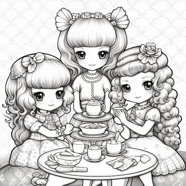 A black and white drawing of three girls sitting at a table with a cake generative ai