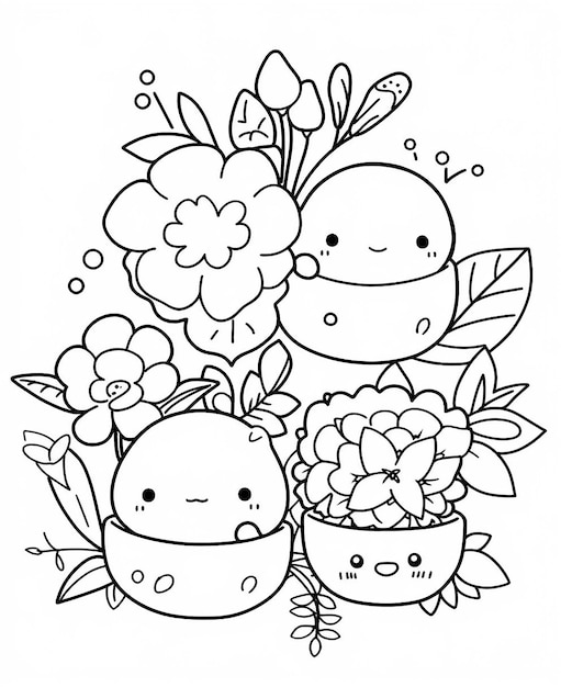 Photo a black and white drawing of three little monsters with flowers.