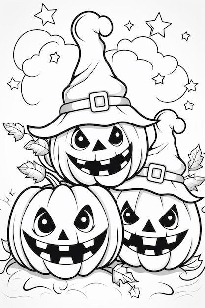 Photo a black and white drawing of three pumpkins with a witch hat generative ai