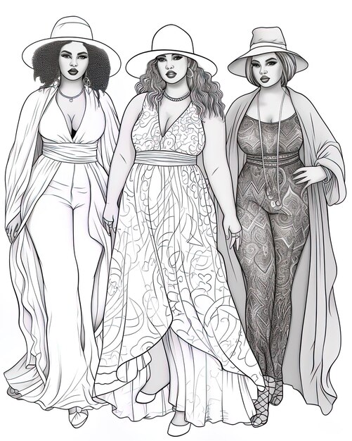 a black and white drawing of three women in dresses