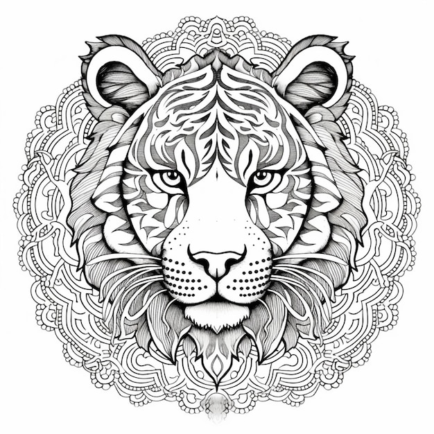 Photo a black and white drawing of a tigers head with a circular pattern generative ai