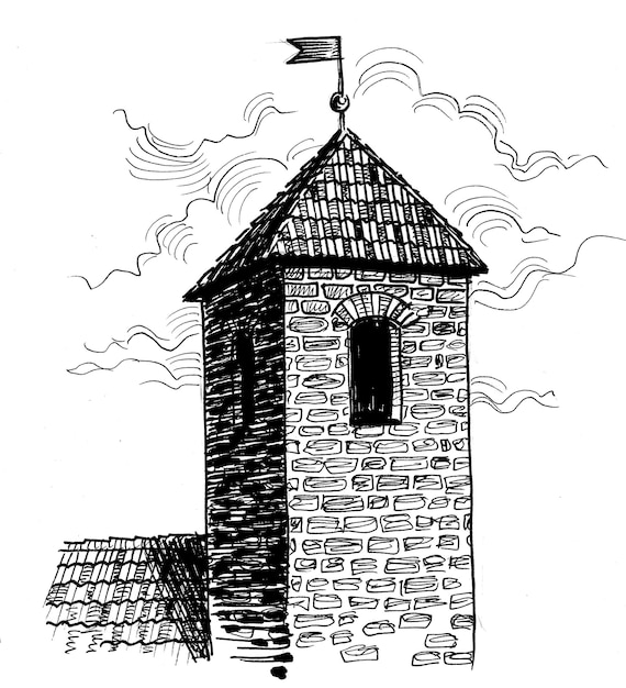 A black and white drawing of a tower with a flag on it.