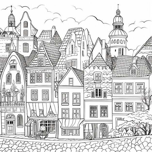 a black and white drawing of a town with a clock tower generative ai