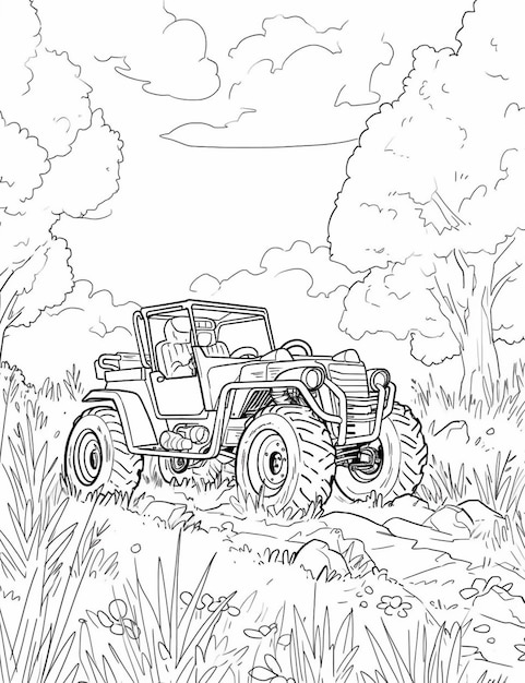 a black and white drawing of a tractor in a field generative ai