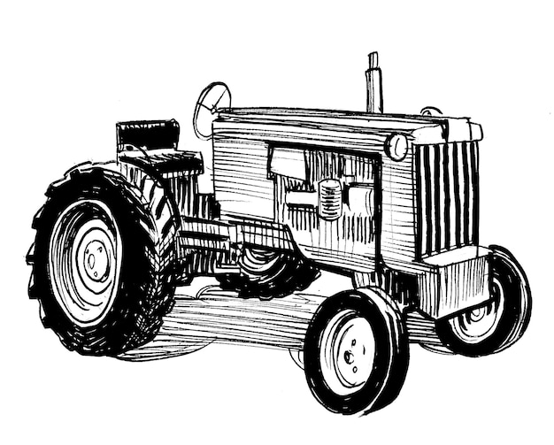 A black and white drawing of a tractor.