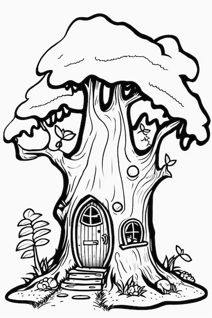 a black and white drawing of a tree house with a door generative ai