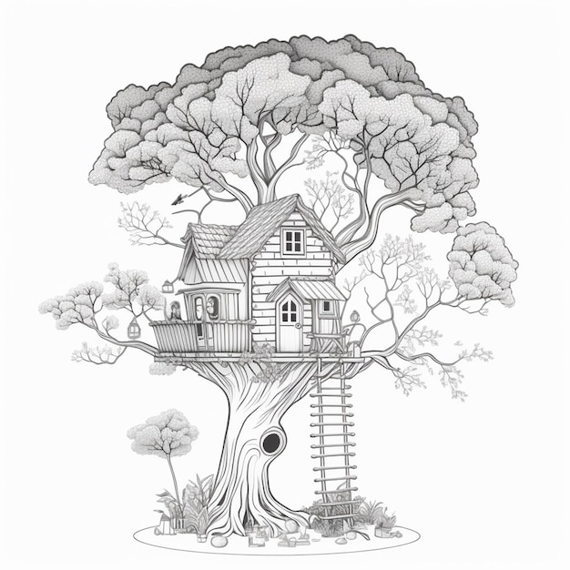 Photo a black and white drawing of a tree house with a ladder generative ai