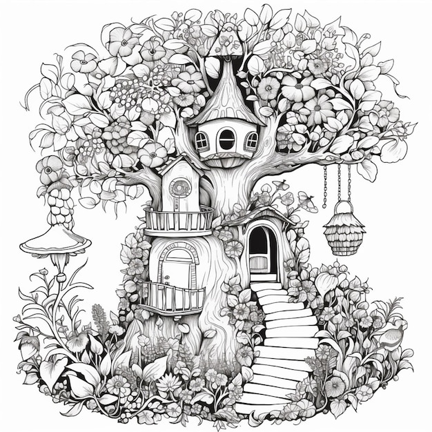 A black and white drawing of a tree house with stairs generative ai