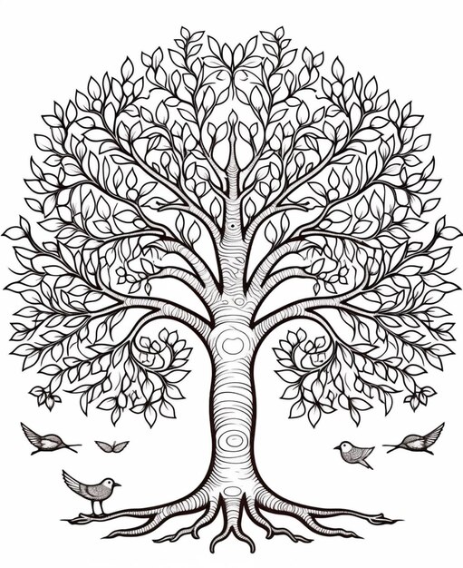 Черно-белый рисунок дерева с генеративным искусственным интеллектом птиц