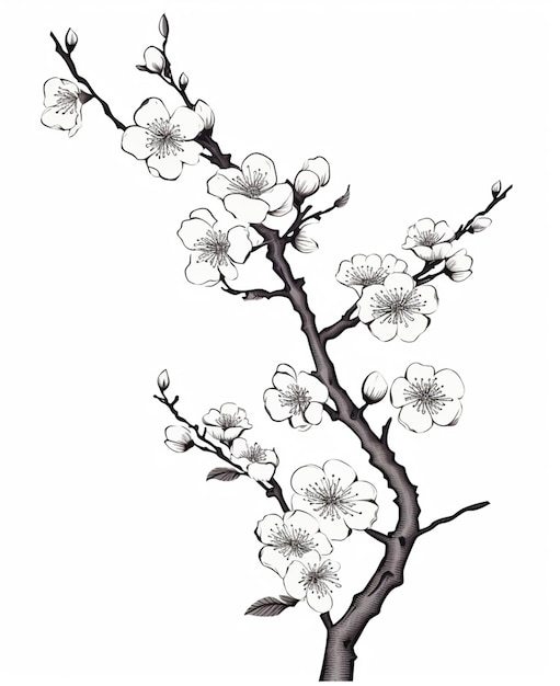 Photo a black and white drawing of a tree with flowers generative ai