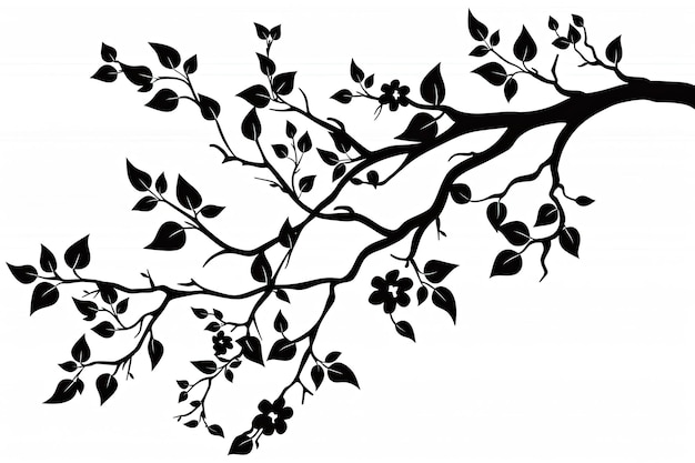 a black and white drawing of a tree with flowers and leaves