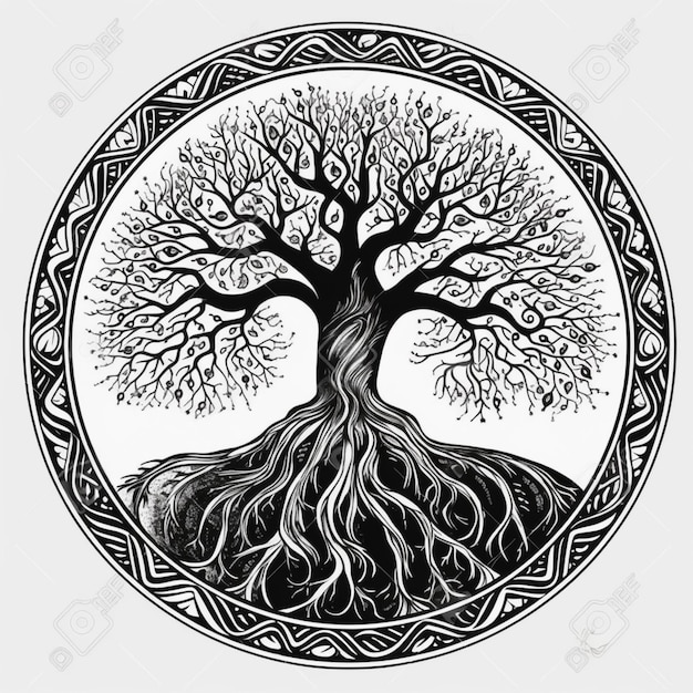 Photo a black and white drawing of a tree with roots in a circle generative ai