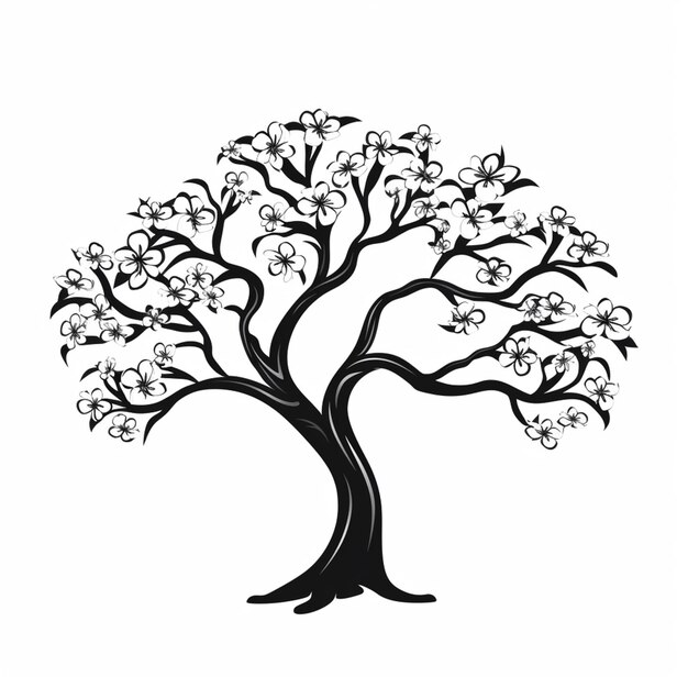 둥근 가지가 있는 나무의 흑백 그림