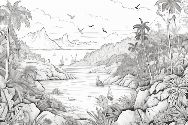 A black and white drawing of a tropical landscape with mountains and a lake.