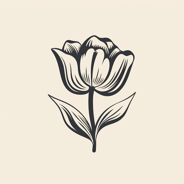 a black and white drawing of a tulip flower with leaves generative ai