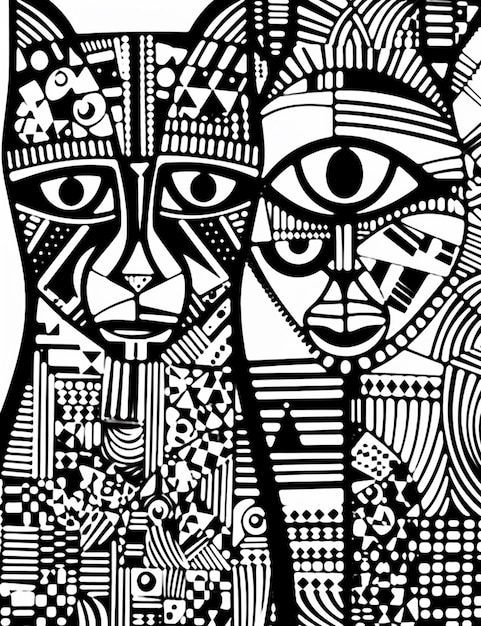 a black and white drawing of two cats with a pattern on them generative ai