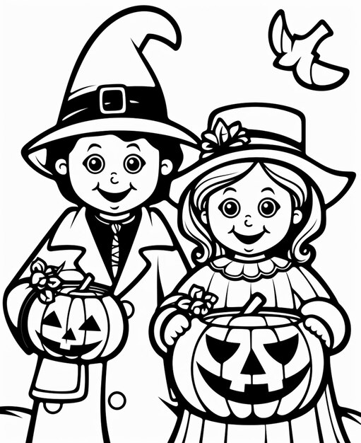 a black and white drawing of two children dressed as witches generative ai