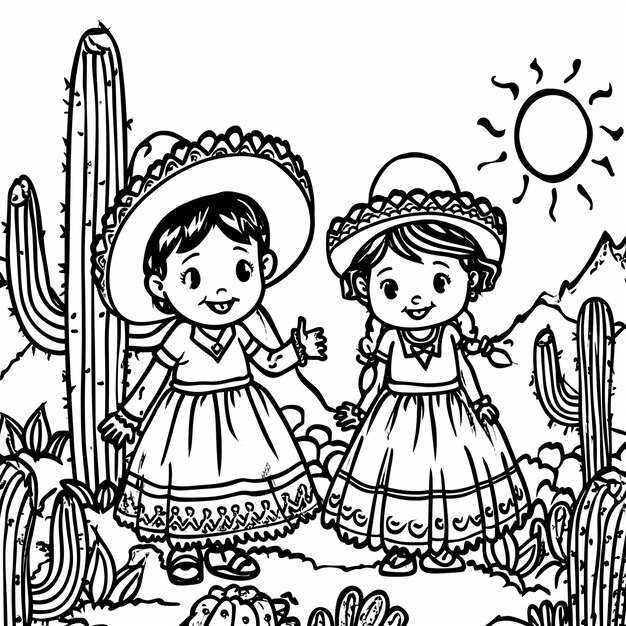a black and white drawing of two children in mexican costumes generative ai