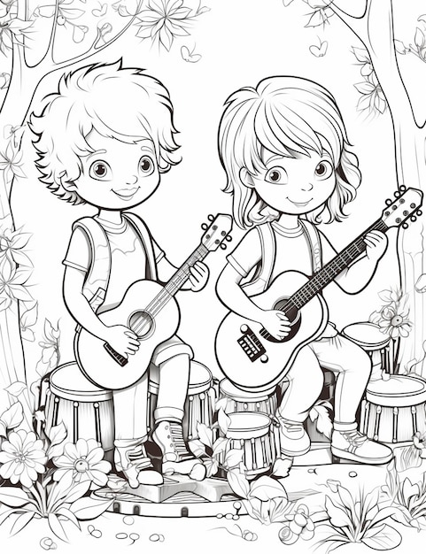 Черно-белый рисунок двух детей, играющих на гитаре с генеративным искусственным интеллектом