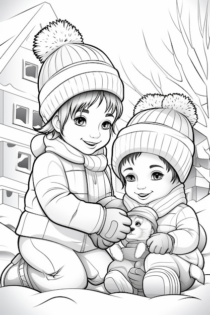 a black and white drawing of two children playing in the snow generative ai