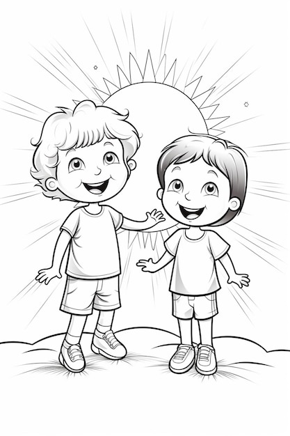 Foto un disegno in bianco e nero di due bambini in piedi di fronte a un ai generativo solare