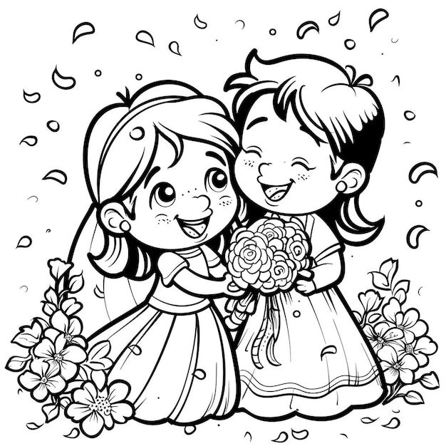 a black and white drawing of two children with flowers and the word  the  the  e  on it