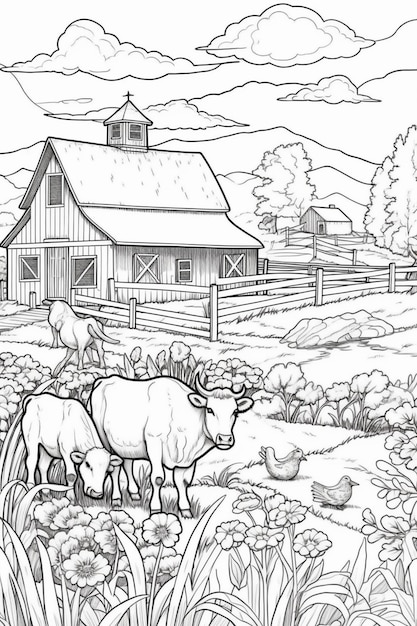 A black and white drawing of two cows grazing in a field generative ai