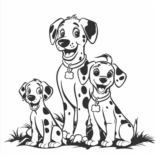 a black and white drawing of two dalmatian dogs and a puppy generative ai