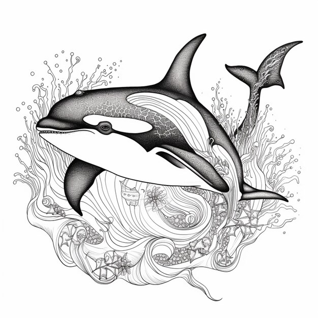 a black and white drawing of two dolphins in the ocean generative ai