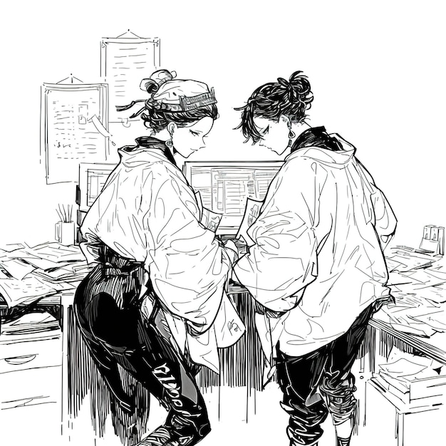 a black and white drawing of two girls looking at a computer screen
