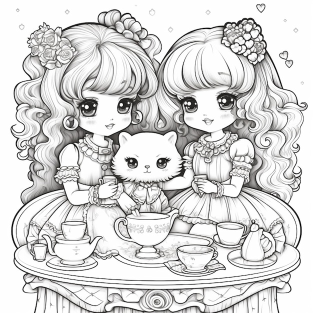 A black and white drawing of two girls with cats in a teapot generative ai