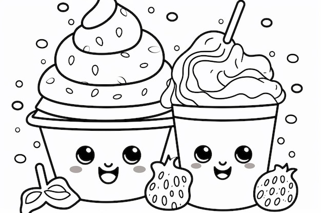 Photo a black and white drawing of two ice creams with a strawberry on the top.