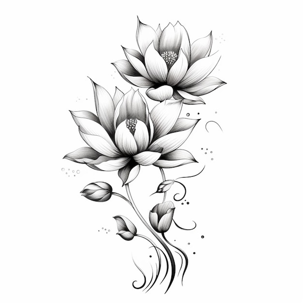 Photo a black and white drawing of two lotus flowers with swirls generative ai